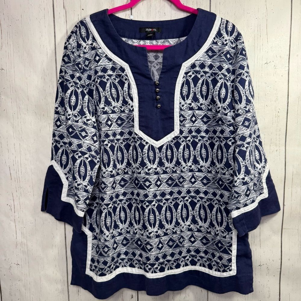 Style & Co Linen Boho Tunic Top Blue White Embroidered Spring Size 14 Coastal